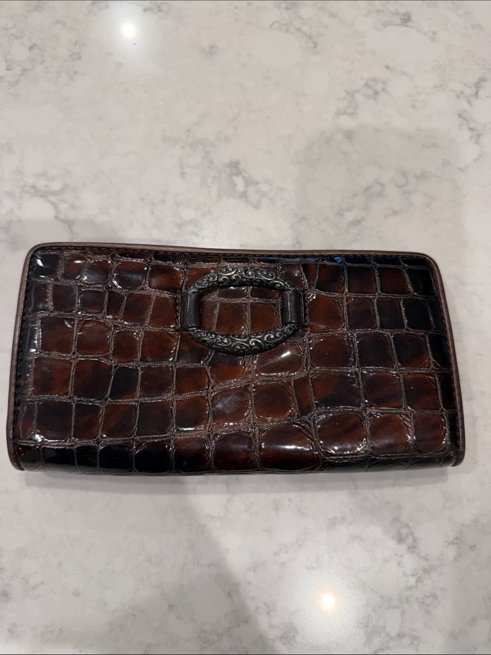 Brighton Dark Brown Croc-Embossed Wallet with Decorative Metal Accent